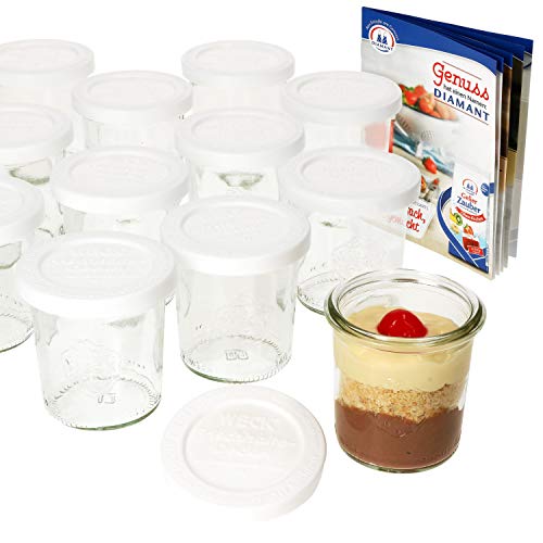 MamboCat 12er Set Weckgläser mit Frischhaltedeckel 140 ml I Original Weck Sturzglas Dessertglas I Einweckgläser mit Deckel für Kuchen Gelees uvm I inkl. Diamant-Zucker Gelierzauber Rezeptheft von MamboCat