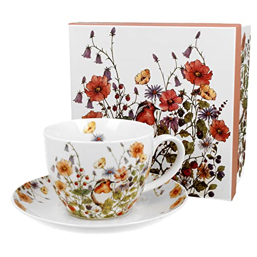 MamboCat Wild Bird Jumbotasse mit Untertasse für 1 Personen I 350ml I große Tasse mit Untertasse aus Porzellan mit Geschenkverpackung I Vogel- & Blumen-Motiv I Becher für Tee, Kaffee, Kakao & Co von MamboCat