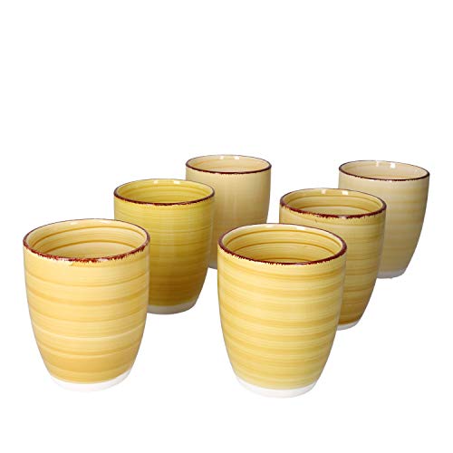 MamboCat Yellow Kaffeebecher ohne Henkel I 6er Set Steingut-Tasse groß mit Strudel-Dekor - in tollen Gelbtönen I Tea & Coffee Mug - moderner Landhaus-Stil I Kaffee-Tassen bunt 300 ml 6 Stück von MamboCat