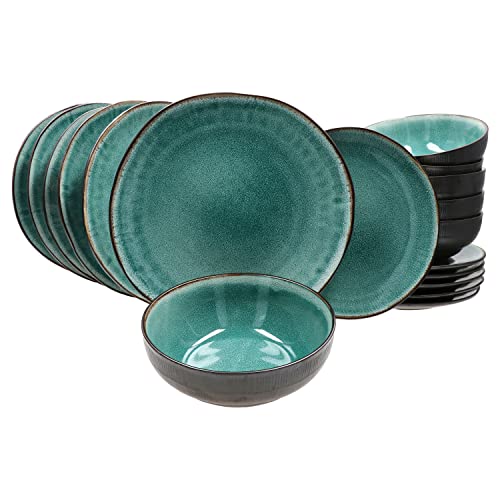 Mambocat Reactive Glaze Green 18-tlg. Teller Set I 6 Personen I mintfarbene handgefertigtes Geschirr-Set mit Kupfer-Optik I Je 6x Speiseteller, Bowl-Schalen & Frühstücksteller I Steingut von MamboCat