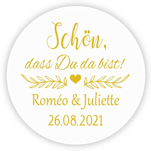 MameArt 50 Stickers Aufkleber Hochzeit Personalisiert Schön DASS Du da bist, 4cm Etikett für Hochzeit Gastgeschenk Taufe Kommunion Feste Geschenke Präsente (Gold) von MameArt