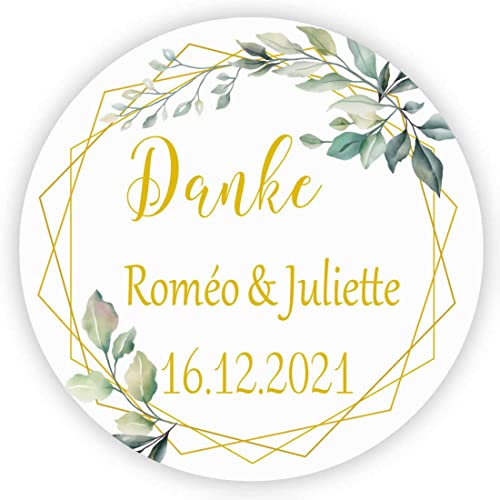 MameArt 50stk 4cm Personalisiert Hochzeit Aufkleber, Danke mit Namen und Datum Sticker für Hochzeit Gastgeschenk Taufe Kommunion Geburtstag Feste Geschenke Präsente (Gold) von MameArt