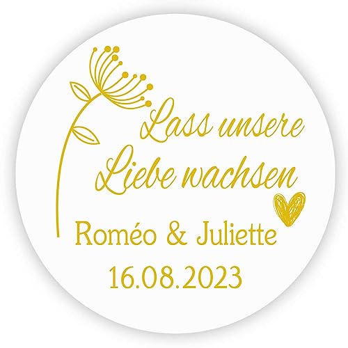 MameArt 50stk Aufkleber Hochzeit Personalisiert Lass unsere Liebe wachsen, 4cm Stickers Hochzeit Taufe Feste Geschenke Präsente (Gold) von MameArt