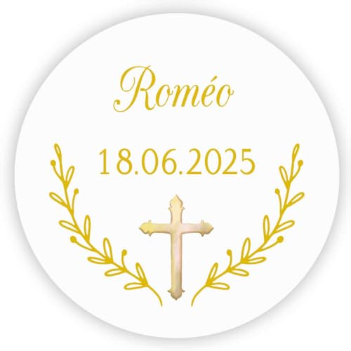 MameArt 50stk Aufkleber Personalisiert Taufe, Kreuz 4cm Stickers Taufe Kommunion Feste Geschenke Präsente (Gold) von MameArt