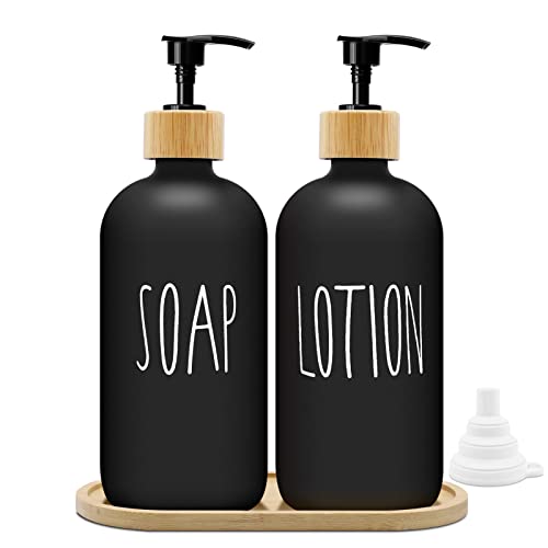 Mamiddle Seifenspender Schwarz Matt Set 500ml Seifenspender Glas mit Tablett Spülmittelspender Shampoo Spender Soap Dispenser für Küche und Dusche(Schwarz + Schwarz) von Mamiddle