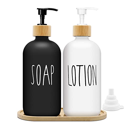 Mamiddle Seifenspender Schwarz und Weiss Matt Set 500ml Seifenspender Glas mit Tablett Spülmittelspender Shampoo Spender Soap Dispenser für Küche und Dusche(Weiß + Schwarz) von Mamiddle