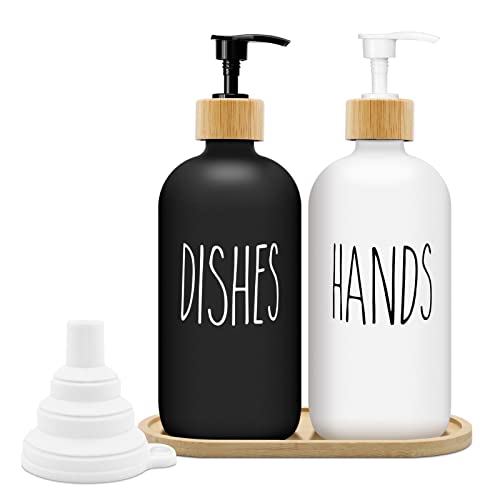 Mamiddle Seifenspender Schwarz und Weiss Matt Set 500ml Seifenspender Glas mit Tablett Spülmittelspender Shampoo Spender Soap Dispenser für Küche und Dusche (Schwarz + Weiß) von Mamiddle