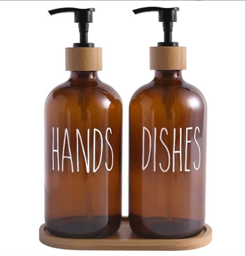 Seifenspender Set 500ml Seifenspender Glas mit Tablett Spülmittelspender Shampoo Spender Soap Dispenser für Küche und Dusche (Bernstein) von Mamiddle