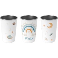 Trinkbecher Für Kinder - Personalisierte Edelstahl Becher Wunschname 72 Designs 400Ml 04.boho Rainbow Blau, Regenbogen, Sterne, Mond von Mamikes