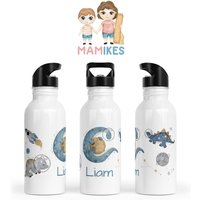 Trinkflasche Personalisiert - Kinder Kindergarten Edelstahl Wunschname Kita Schule Ausflug Weltraum Rakete Space Dino von Mamikes