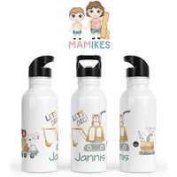 Trinkflasche Personalisiert - Kinder Kindergarten Edelstahl Wunschname Kita Schule Bagger Löwe Dino 53. Tier Baustelle von Mamikes