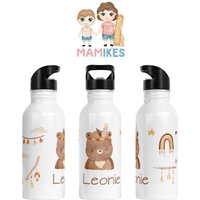 Trinkflasche Personalisiert - Kinder Kindergarten Edelstahl Wunschname Kita Schule Boho Sterne Regenbogen Wolken 35. Bär von Mamikes