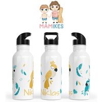 Trinkflasche Personalisiert - Kinder Kindergarten Edelstahl Wunschname Kita Schule Federn Papageien 8. Parrots Dream von Mamikes