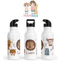 Trinkflasche Personalisiert - Kinder Kindergarten Edelstahl Wunschname Kita Schule Löwe Affe Tiere Ausflug African Animals von Mamikes