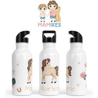 Trinkflasche Personalisiert - Kinder Kindergarten Edelstahl Wunschname Kita Schule Pferd- Hufeisen Blumen 19. Pferd von Mamikes