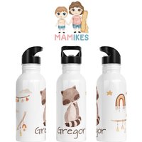 Trinkflasche Personalisiert - Kinder Kindergarten Edelstahl Wunschname Kita Schule Sterne Regenbogen Wolken 32. Waschbär von Mamikes