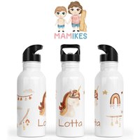 Trinkflasche Personalisiert - Kinder Kindergarten Edelstahl Wunschname Kita Schule Sterne Regenbogen Wolken Einhorn von Mamikes