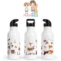 Trinkflasche Personalisiert - Kinder Kindergarten Edelstahl Wunschname Kita Schule Waldtiere Hase Tiere Ausflug Autumn Fall von Mamikes