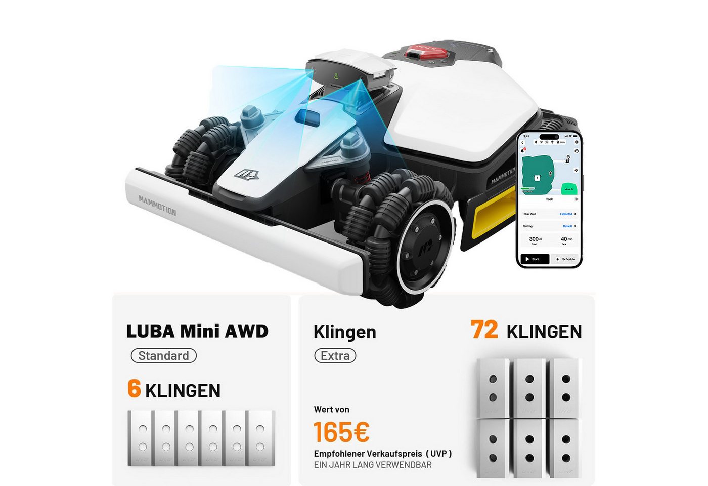 Mammotion Rasenmähroboter LUBA Mini AWD 800, bis 1000 m² Rasenfläche, (mit 72Pcs Ersatzklingen, 4G-Modul), NetRTK+Vision, 80% Steigung, Mähroboter ohne Begrenzungskabel von Mammotion