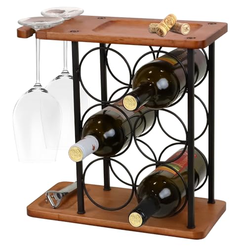 ManGotree Weinregal mit Gläserhalter, hölzerne Arbeitsplatte Weinhalter mit Tablett, rustikale Weinflasche, Weingläser Rack, geeignet für Home Decor und Küche Lagerung, hält 6 Flaschen und 2 Gläser von ManGotree