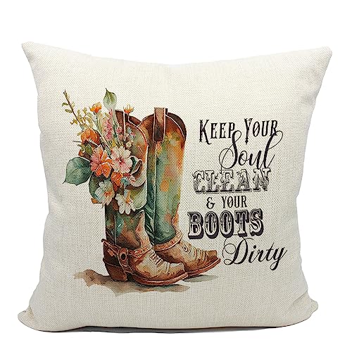 Retro Western Country Floral Cowboy Boot Keep Your Soul Clean and Your Boots Dirty Throw Pillow Cover, Cowgirl Teenager Girls Gifts, 45,7 x 45,7 cm Western Decorative Linen Cushion Cover for Sofa Couch Bed von Mancheng-zi