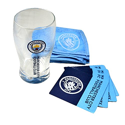 Manchester City FC Offizielles Wordmark Fußball-Bar-Set, Pint-Glas, Handtuch und Set, Einheitsgröße, Marineblau / Blau von Manchester City FC