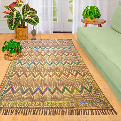 Mandala Life ART 120 x 180 cm Vintage-Teppich aus Baumwolle mit Handstickerei und Fransen – Grauer Boho-Chic-Dekorteppich – dekorativer Akzent für von Mandala Life ART