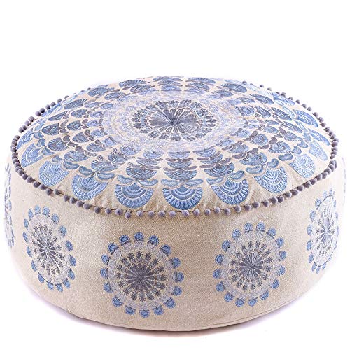 Mandala Life ART Blauer böhmischer Pouf Ottomane Bezug mit Ponpon - Handgefertigter Cozy Rund Sitzhocker Sitzkissen BodenKissen für Schlafzimmer -Ungefüllt 60x20cm von Mandala Life ART