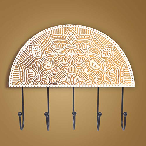 Mandala Life ART Dekorativer Wand-Schlüsselhalter im Boho-Chic-Stil, 5 mittelgroße Haken, natürliches rohes Mangoholz, handgebogener Holzstempel mit Metallhaken, Schmuckaufhänger von Mandala Life ART