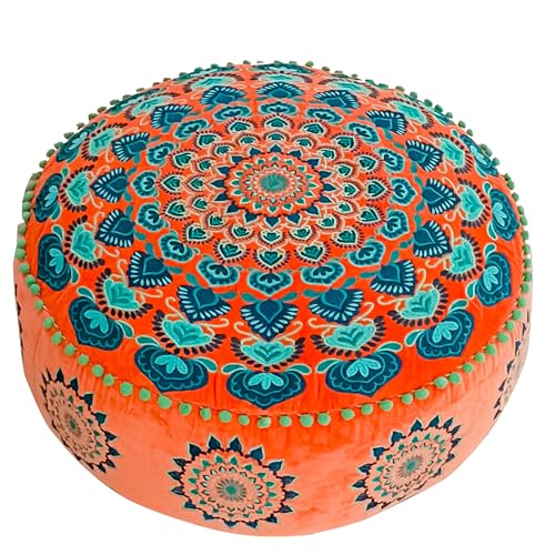 Orange Runder Pouf Ottomane Bezug mit Samtstickerei – weicher, bestickter Bodenkissen mit marokkanischem Design, 60cm Durchmesser, ideal für Wohnzimmer, Schlafzimmer oder Meditationsraum von Mandala Life ART