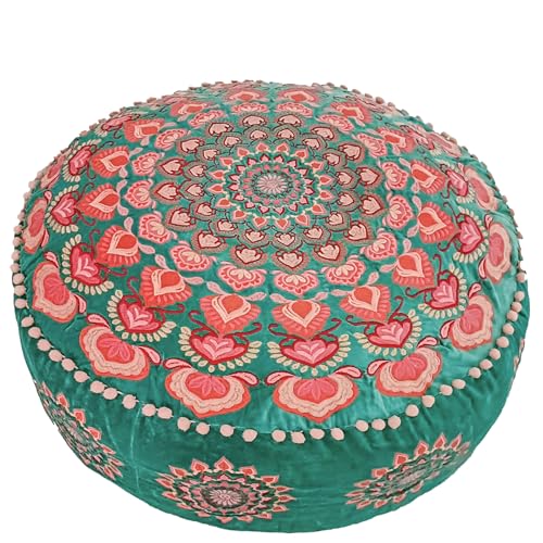 Türkis Runder Pouf Ottomane Bezug mit Samtstickerei – weicher, bestickter Bodenkissen mit marokkanischem Design, 60cm Durchmesser, ideal für Wohnzimmer, Schlafzimmer oder Meditationsraum von Mandala Life ART