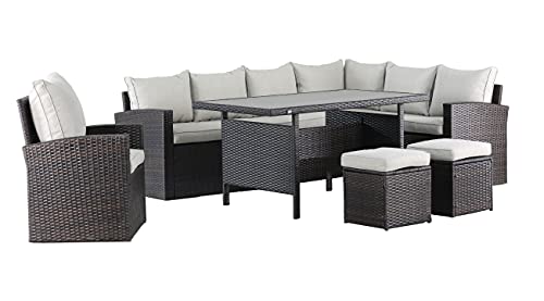 Mandalika Garden Hohe Dining Poly Rattan Lounge inkl. einem Sessel und Zwei Hocker Milos XL braun auch spiegelverkehrt nutzbar von Mandalika Garden