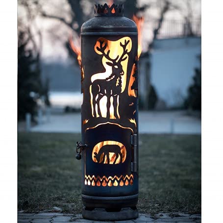 Mandelu Feuerkorb Hirsch - Modern, Rund, Grün, Eisen, Holz, Holzstücke, Edelrost, Außenbereich von Mandelu