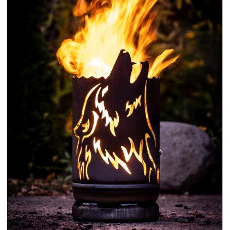 Mandelu Feuertonne Heulender Wolf - Modern, Rund, Eisen, Grau, Schwarz, Orange - Holz - Feuerstelle von Mandelu
