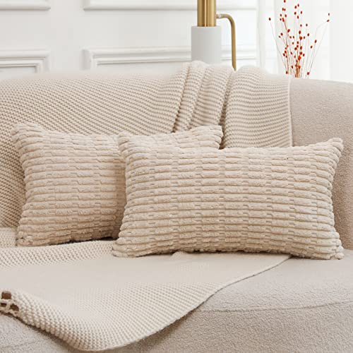 Mandioo 2er Set Beige Plüsch Boho Dekorative Wurf Kissenbezüge 30x50 cm, Super Weich gestreifte Cord Dekokissen Kissenbezug Sofakissen Dekorativ Couchkissen Kissenhülle für Sofa Couch Wohnzimmer von Mandioo