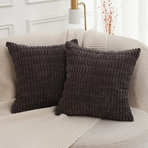 Mandioo 2er Set Grau Plüsch Boho Dekorative Wurf Kissenbezüge 40x40 cm, Super Weich gestreifte Cord Dekokissen Kissenbezug Sofakissen Dekorativ Couchkissen Kissenhülle für Sofa Couch Wohnzimmer von Mandioo