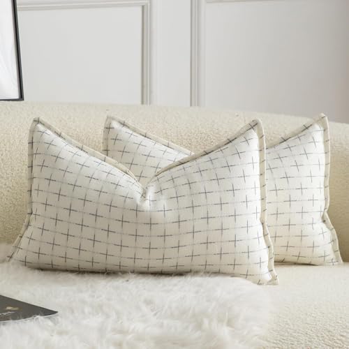 Mandioo 2er Set Kissenbezug Hanftuch Weben Textur Modern Bauernhaus Kissenbezüge Kissenhülle Dekorieren Zierkissenbezug Sie Wohnzimmer Sofa Schlafzimmer Bett 30x50cm Weiß von Mandioo