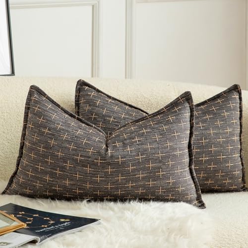 Mandioo 2er Set Kissenbezug Hanftuch Weben Textur Modern Bauernhaus Kissenbezüge Kissenhülle Dekorieren Zierkissenbezug Sie Wohnzimmer Sofa Schlafzimmer Bett 40x80cm Dunkelgrau von Mandioo