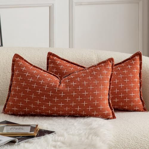 Mandioo 2er Set Kissenbezug Hanftuch Weben Textur Modern Bauernhaus Kissenbezüge Kissenhülle Dekorieren Zierkissenbezug Sie Wohnzimmer Sofa Schlafzimmer Bett 40x80cm Karamellfarbe von Mandioo