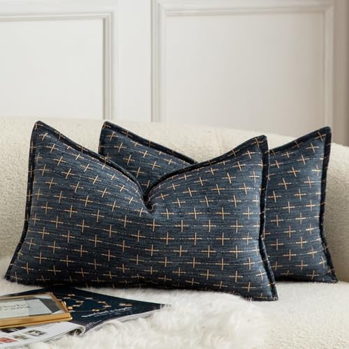 Mandioo 2er Set Kissenbezug Hanftuch Weben Textur Modern Bauernhaus Kissenbezüge Kissenhülle Dekorieren Zierkissenbezug Sie Wohnzimmer Sofa Schlafzimmer Bett 40x80cm Tiefblau von Mandioo