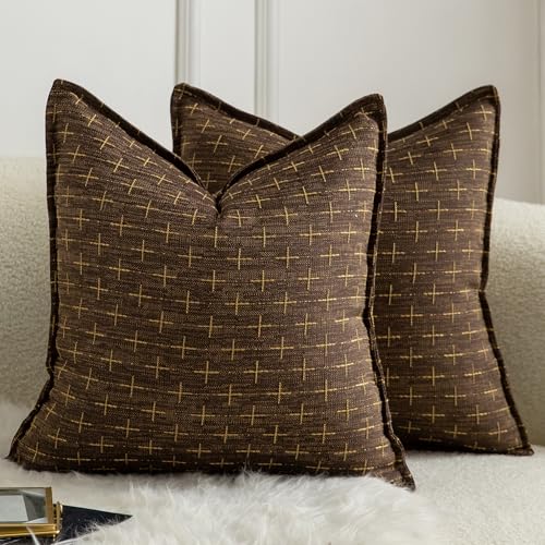 Mandioo 2er Set Kissenbezug Hanftuch Weben Textur Modern Bauernhaus Kissenbezüge Kissenhülle Dekorieren Zierkissenbezug Sie Wohnzimmer Sofa Schlafzimmer Bett 45x45cm Tiefbraun von Mandioo