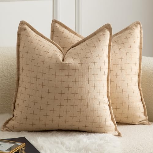 Mandioo 2er Set Kissenbezug Hanftuch Weben Textur Modern Bauernhaus Kissenbezüge Kissenhülle Dekorieren Zierkissenbezug Sie Wohnzimmer Sofa Schlafzimmer Bett 50x50cm Beige von Mandioo