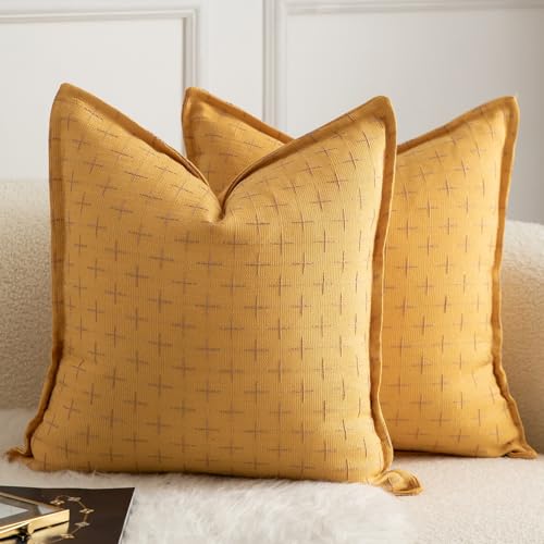 Mandioo 2er Set Kissenbezug Hanftuch Weben Textur Modern Bauernhaus Kissenbezüge Kissenhülle Dekorieren Zierkissenbezug Sie Wohnzimmer Sofa Schlafzimmer Bett 50x50cm Gelb von Mandioo