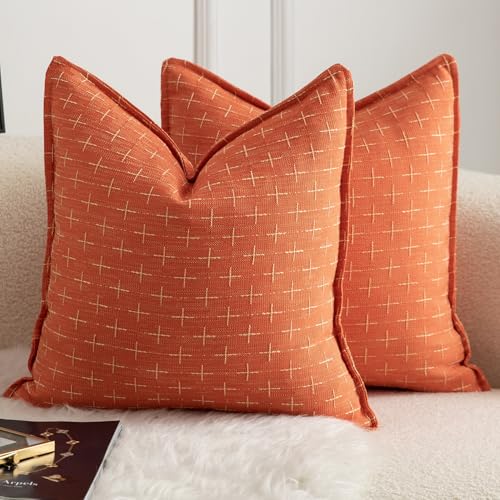 Mandioo 2er Set Kissenbezug Hanftuch Weben Textur Modern Bauernhaus Kissenbezüge Kissenhülle Dekorieren Zierkissenbezug Sie Wohnzimmer Sofa Schlafzimmer Bett 50x50cm Orange von Mandioo
