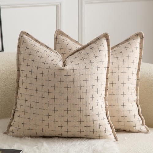 Mandioo 2er Set Kissenbezug Hanftuch Weben Textur Modern Bauernhaus Kissenbezüge Kissenhülle Dekorieren Zierkissenbezug Sie Wohnzimmer Sofa Schlafzimmer Bett 65x65cm Grau weiß von Mandioo