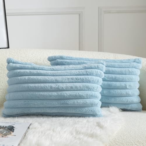 Mandioo 2er Set Kissenbezug gestreiftes Künstlich Pelz Superweich Kissen Flauschig Modern Kissenhülle Deko Sofa Wohnzimmer Schlafzimmer Kissenbezüge 30 x 50 cm Hellblau von Mandioo