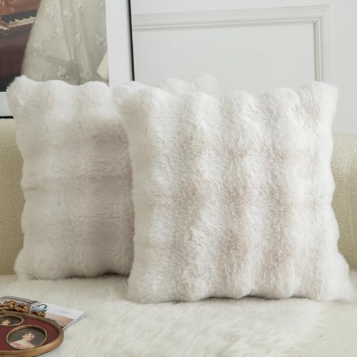 Mandioo 2er Set Luxus Dekorativ dicken Woll Kissenbezug Super Soft Wave Blase Plüschwolle werfen Kissenbezüge Zierkissenbezüge Sofakissen Schlafzimmer Kissenhülle für Sofa 55x55cm Cremeweiß von Mandioo