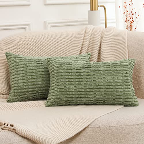 Mandioo 2er Set Salbei grün Plüsch Boho Dekorative Wurf Kissenbezüge 30x50 cm, Super Weich gestreifte Cord Dekokissen Kissenbezug Sofakissen Dekorativ Couchkissen Kissenhülle für Sofa Couch von Mandioo