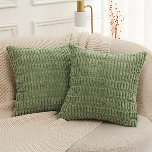 Mandioo 2er Set Salbei grün Plüsch Boho Dekorative Wurf Kissenbezüge 50x50 cm, Super Weich gestreifte Cord Dekokissen Kissenbezug Sofakissen Dekorativ Couchkissen Kissenhülle für Sofa Couch von Mandioo