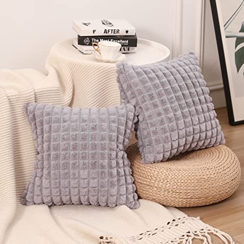 Mandioo 2er Set Super Soft Plüsch Faux Pelz Dekokissen Kissenbezüge 45x45 cm Hellgrau, Plaid Textur Moderne Luxus Kissenbezug Sofakissen Dekorativ Couchkissen Kissenhülle für Sofa Couch Wohnzimmer von Mandioo